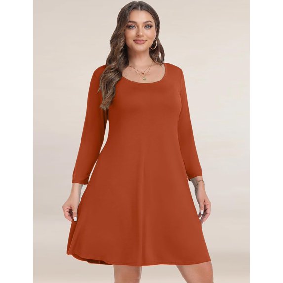 Plus Size Fall Dress for Women - 3/4 Sleeve Casual Loose Fit Swing T-Shirt Dress with Pockets | Comfy and Stylish