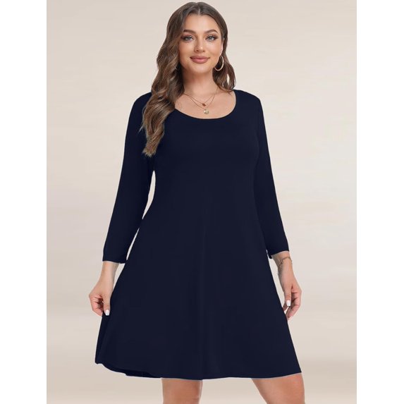 Plus Size Fall Dress for Women - 3/4 Sleeve Casual Loose Fit Swing T-Shirt Dress with Pockets | Comfy and Stylish