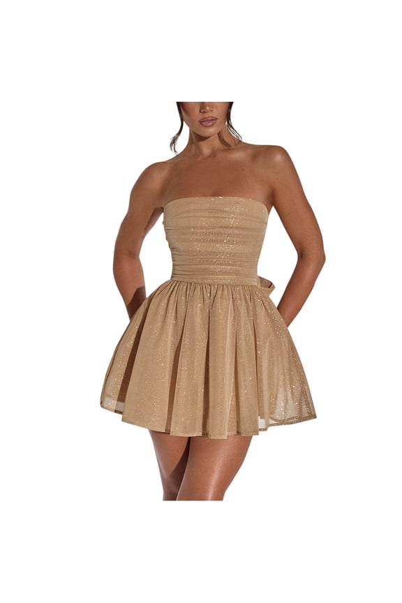 Plus Size Fall Dresses for Curvy Lady Women's Strapless Mini Dress, Glitter Tulles Homecoming Dresses for Teens, A Line Short Prom Cocktail Gown with Bow Khaki M