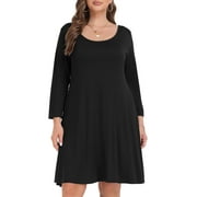 Plus Size Fall Dresses For Curvy Women, VEPKUL Casual 3/4 Sleeve T Shirt Dress Crew Neck Flowy A-line Swing Black Dress with Pockets