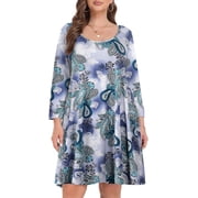 VEPKUL Casual Plus Size Dresses 3/4 Sleeve Loose Fits Dress Crew Neck Flowy Swing with Pockets Flower18_3X