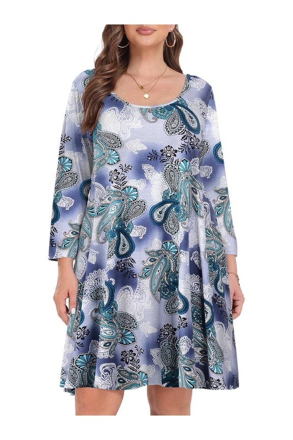 Casual Plus Size Dresses 3/4 Sleeve Loose Fits Dress Crew Neck Flowy Swing with Pockets Flower18_3X
