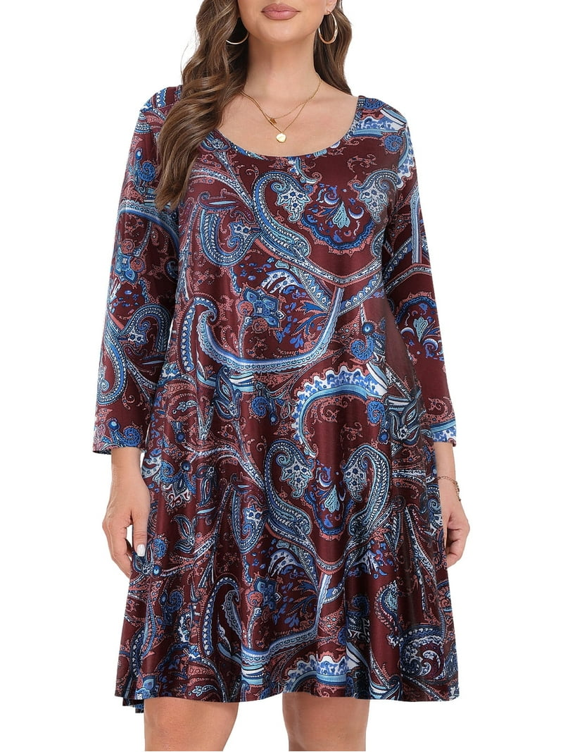 VEPKUL Casual Plus Size Dresses 3/4 Sleeve Loose Fits Dress Crew