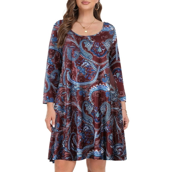 VEPKUL Casual Plus Size Dresses 3/4 Sleeve Loose Fits Dress Crew Neck Flowy Swing with Pockets Flower55_3X