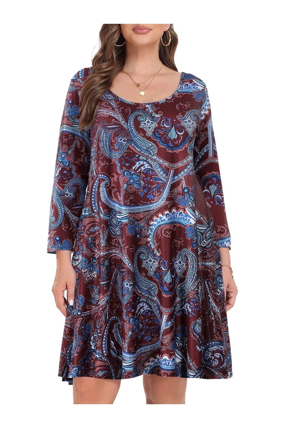 Casual Plus Size Dresses 3/4 Sleeve Loose Fits Dress Crew Neck Flowy Swing with Pockets Flower55_3X