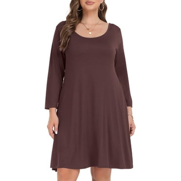 VEPKUL Casual Plus Size Dresses 3/4 Sleeve Loose Fits Dress Crew Neck Flowy Swing with Pockets Coffee_3X