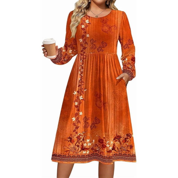 Plus Size Fall Dresses Women Long Sleeve Midi Casual Pocket Dress | Breathable Material, Crewneck A-Line Dresses, Loose Fit, Fall Fashion 2026