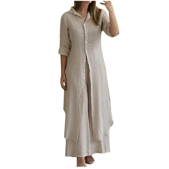 Plus Size Fall Outfits for Women 2 Piece Outfit Solid Button Up Tops Pants with Pockets Cotton Linen Set L