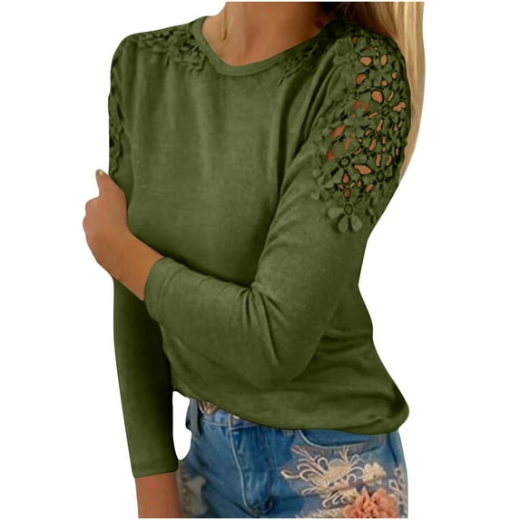 Plus Size Fall Tops for Women 2023 Long Sleeve Floral Crochet Solid Color Crewneck T Shirts Casual Fashion Tunic Blouses Womens Clothes