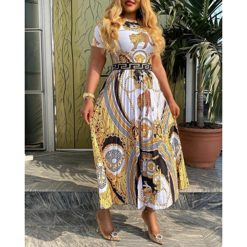 Plus Size Fashion High Waist Long Printed Temperament Commuter Pleated ...
