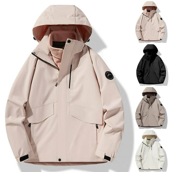 Plus Size Fashion Rain Jacket For Women Solid Color Windproof Three In One Interchange Winter Pink Adjustable Windbreaker S-5XL Up to 65% Off!
