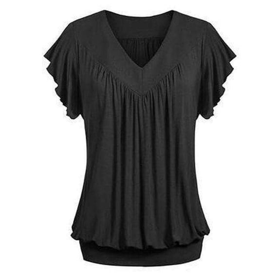 Plus Size Fashion Women Ladies Solid Pleated V Neck Tops Short Sleeve Shirts