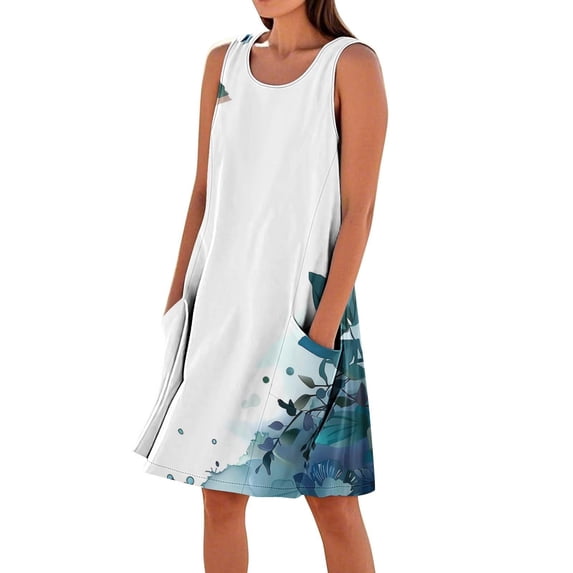Plus Size Fashion Women Summer Dresses 2026 Solid Color Casual Sleeveless Linen Loose Fitting Dress Spring Round Neck Dress with Pockets