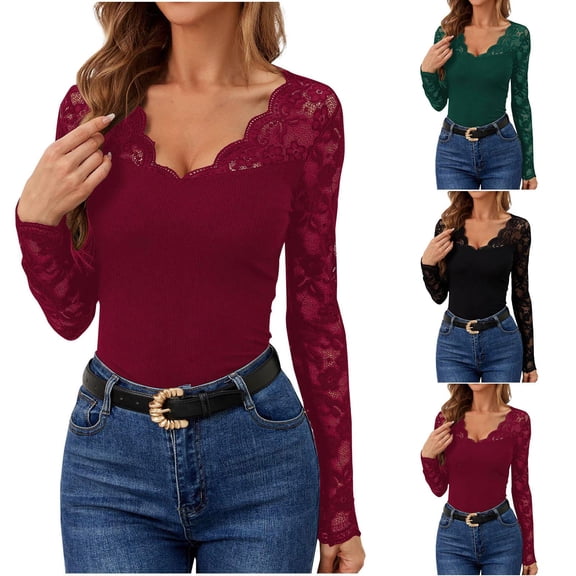 Plus Size Fashion Womens Blouses Casual Long Sleeve Solid Lace V-Neck Wine Tops Flowy Shirts S-2XL