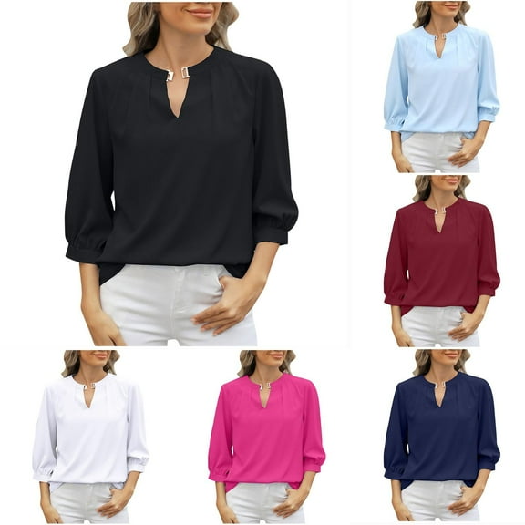 Plus Size Fashion Womens Blouses Casual Solid Color Keyhole V-Neck 3/4 Sleeve Loose Chiffon Black T-Shirts Blouses S-2XL
