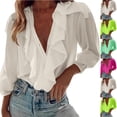 thumbnail image 1 of Plus Size Fashion Womens Blouses Casual Solid Long Sleeve Ruffle V-Neck Tops Flowy Shirts White XL, 1 of 6