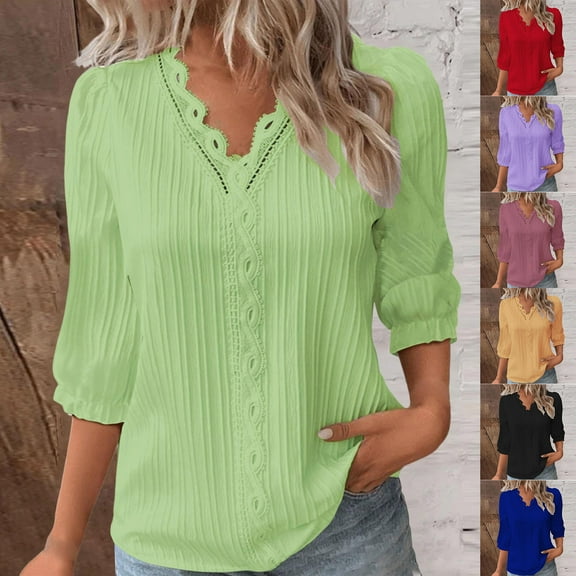 Plus Size Fashion Womens Blouses Casual Solid V-Neck 3/4 Sleeve Mint Green T Shirt Pullover Tunic S-2XL