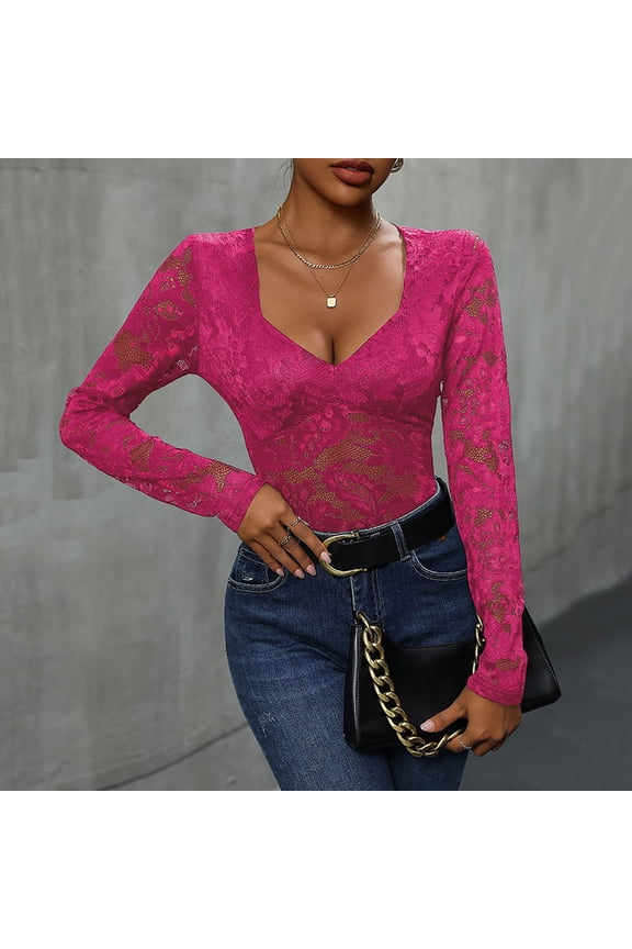 Plus Size Fashion Womens Blouses Sheer Floral Lace V Neck Bodysuit Long Sleeve Slim Gym Workout Clothes Hot Pink S