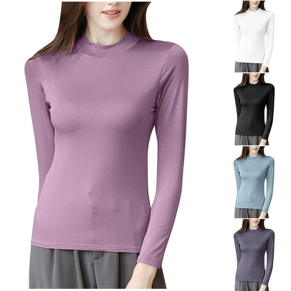 Plus Size Fashion Womens Blouses Solid Color Long Sleeved Half High Collar With Chest Cushion Button Purple T-Shirts Blouses M-3XL