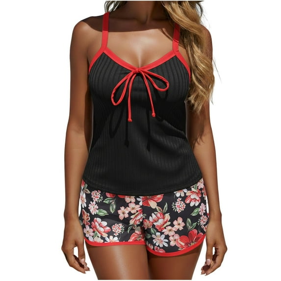 Plus Size Fashion Womens Swimsuits Adjustable Strap Ribbed Tankini Top with Boyshorts Tummy Control Bathing Suit Swimwear