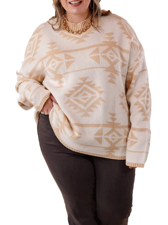 Plus Size Fashionable Sweater with Vibrant Aztec Print - Apricot Color for Women | [ZhiHiMeRi] | (US 22W-24W)3X