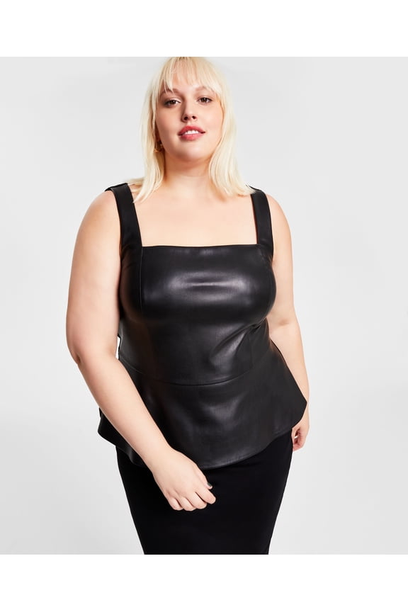 Plus Size Faux-Leather Square-Neck Peplum Top Deep Black 2X