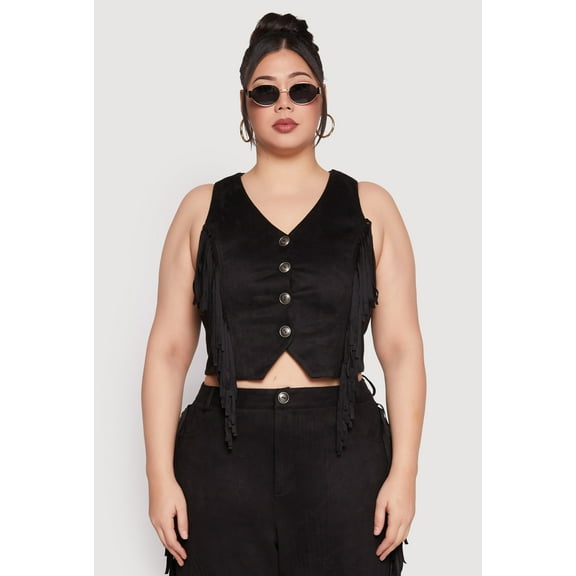 Womens Plus Size Faux Suede Fringe Vest
