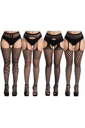 Plus Size Fishnet Stockings, Black Fishnets Tights Thigh High Stockings Suspender Pantyhose 4 Pack
