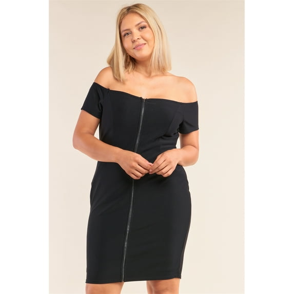 Plus Size Fitted Off-the-shoulder Front Zipper Bodycon Mini Dress