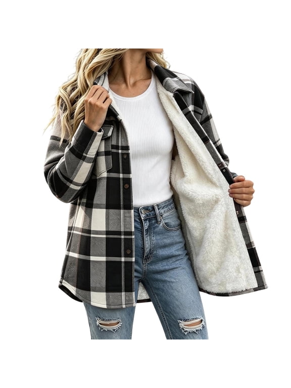 Plus Size Flannel Jacket Women Fleece Lined Plaid Shacket Button down Winter Warm Coat Fall Lapel Casual Thick Outerwear with Chest Pocket