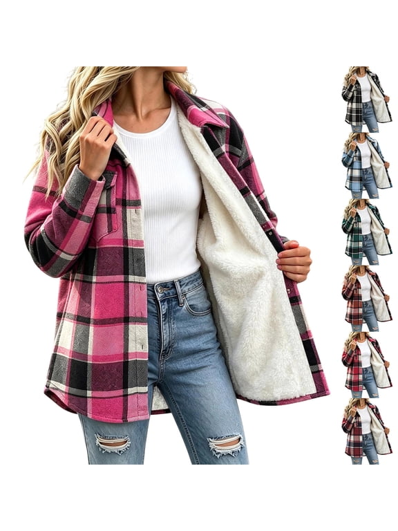 Plus Size Flannel Jacket Women Fleece Lined Plaid Shacket Button down Winter Warm Coat Fall Lapel Casual Thick Outerwear with Chest Pocket