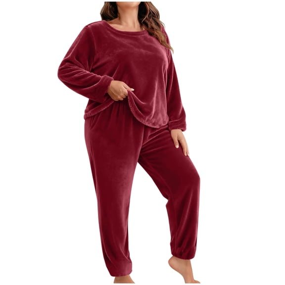 Plus Size Flannel Sets for Women Lounge 2 Piece Pajamas Outfits Long Sleeve Top and PJ Pant Home Wear Sleepwear (XL, Red)