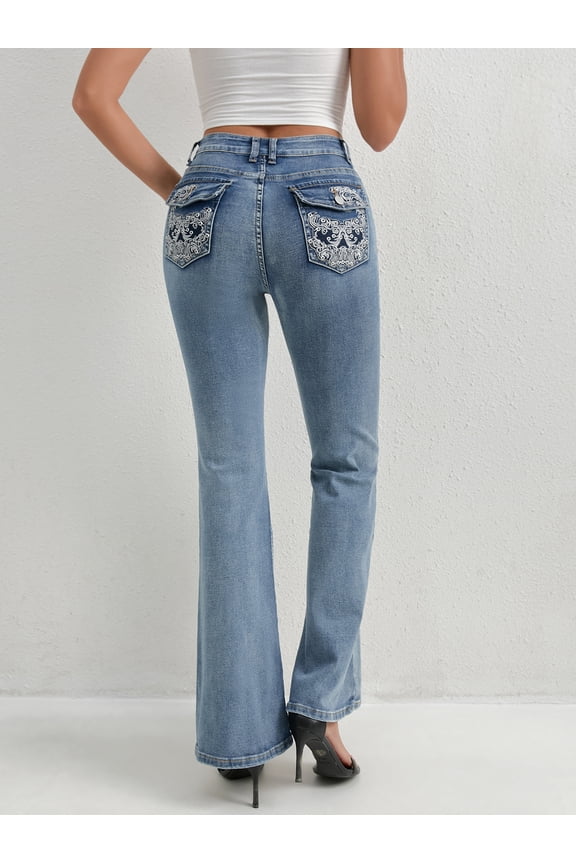 Plus Size Flare Leg Denim Jeans: Gradient Color, Zipper Button, Pocket Details, Long Medium Stretch, Grunge Punk Distressed Washed Cross-studded, Avant-garde Style