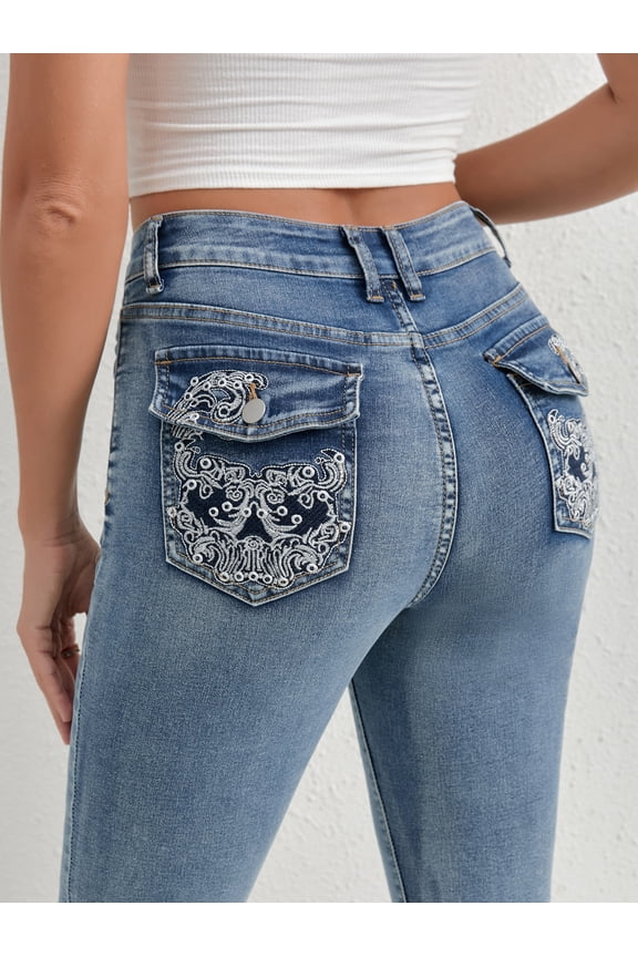 Plus Size Flare Leg Denim Jeans: Gradient Color, Zipper Button, Pocket Details, Long Medium Stretch, Grunge Punk Distressed Washed Cross-studded, Avant-garde Style