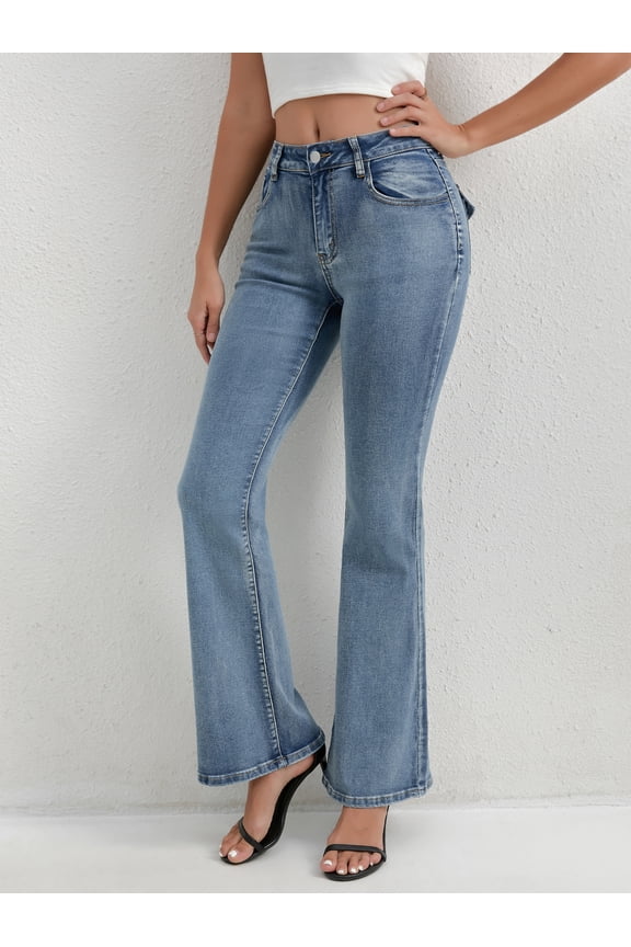 Plus Size Flare Leg Denim Jeans: Gradient Color, Zipper Button, Pocket Details, Long Medium Stretch, Grunge Punk Distressed Washed Cross-studded, Avant-garde Style