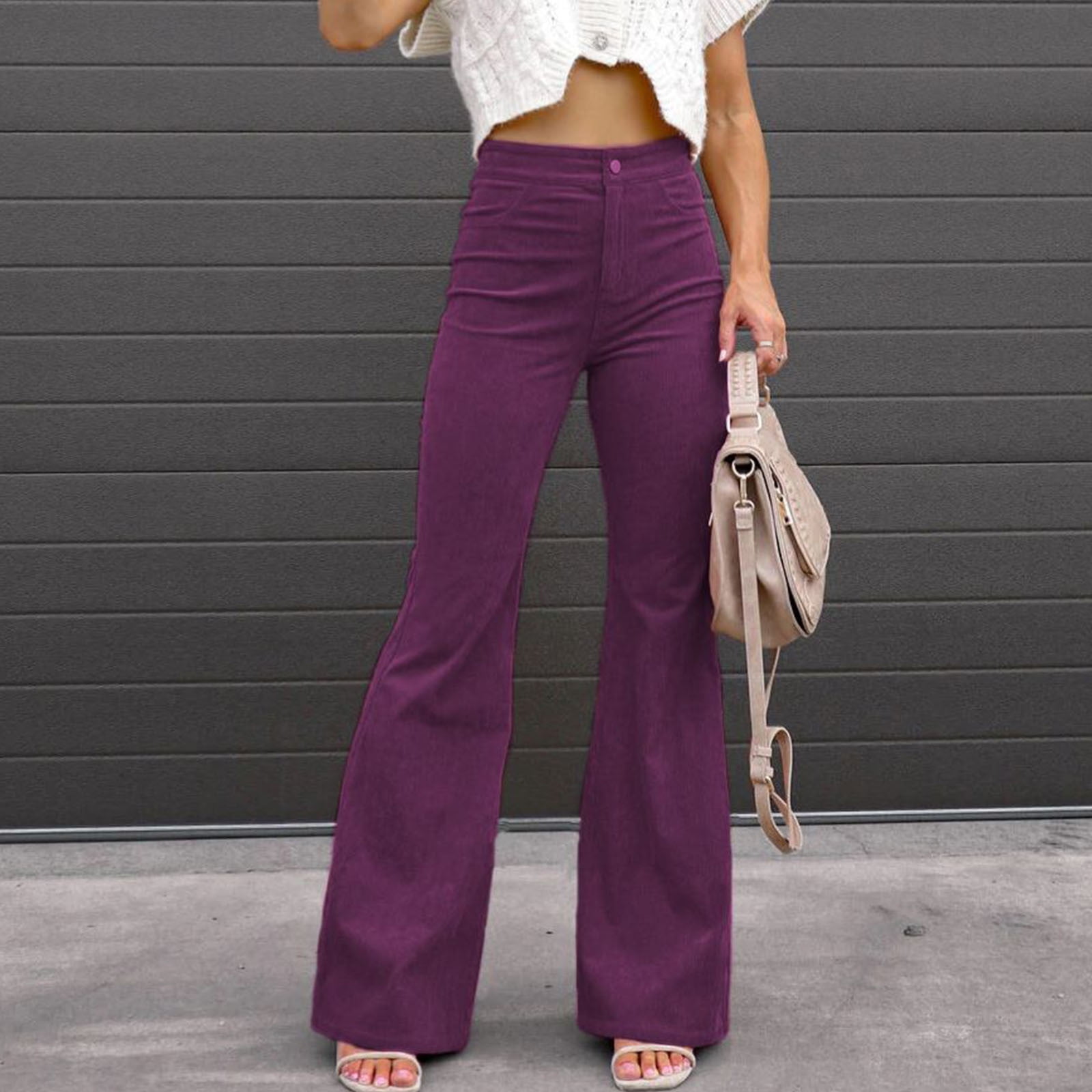 Plus Size Flare Leg Pants for Women High Waist Slim-Fit Bell Bottom Pant  Winter Solid Color Lounge Ankle Trousers with Pockets 
