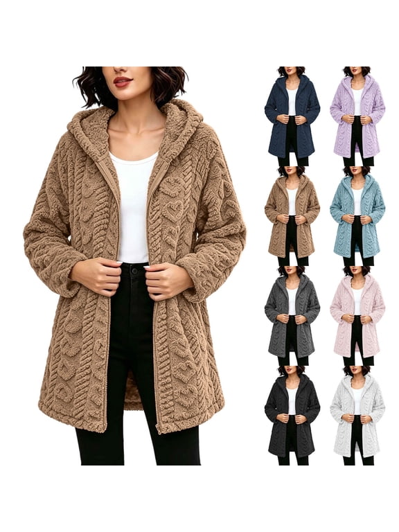 Plus Size Fleece Fall Jackets for Women Zip Up Lightweight Mid-Length Loose Fit Outerwear Cozy Casual Winter Hooded Coats Size S-3XL