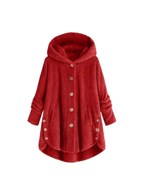 Plus Size Fleece Jacket for Women Button up Hooded Snuggies Coat Warm Long Lounge Sweater Casual Loose Fluffy Fuzzy Outerwear with Pockets