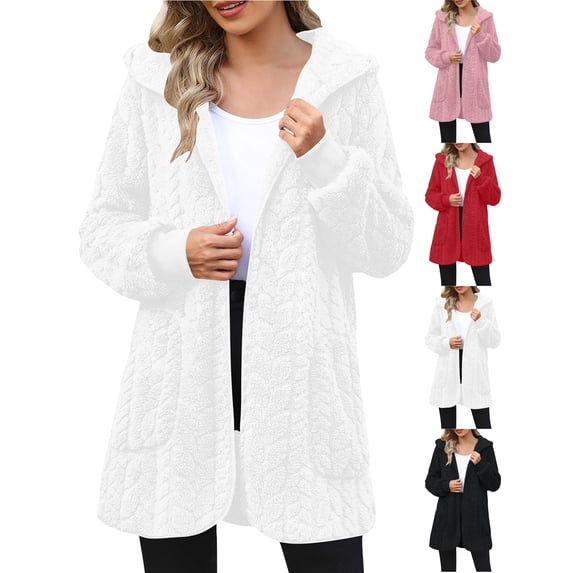 Plus Size Fleece Jackets for Women Hooded Long-sleeved Solid Color Mid-length Casual Warm Coat