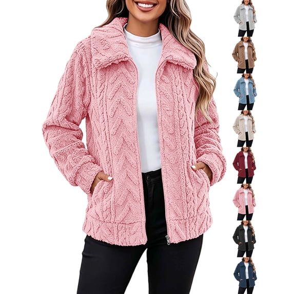 Plus Size Fleece Jackets for Women Zip Up Versatile Double-sided Velvet Solid Color Long Sleeved Lapel Jacket Top