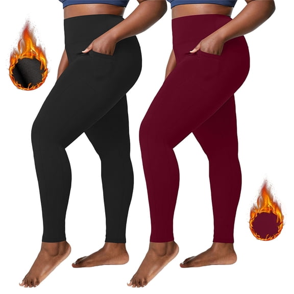 Plus Size Fleece Lined Leggings with Pockets High Waist Winter Workout Yoga Pants