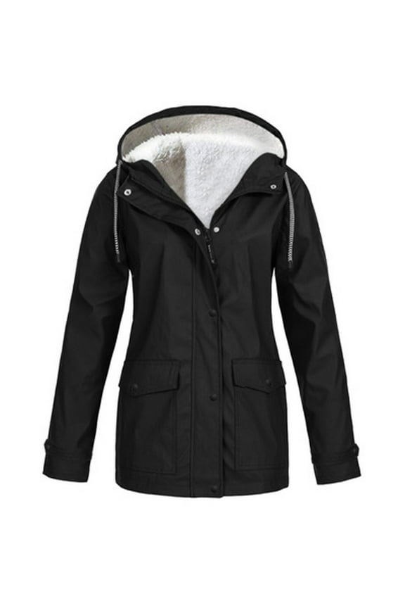 Plus Size Fleece Lined Rain Jackets for Women Waterproof,Women's Plush Windproof Hooded Rain Coats Outdoor Long Sleeve Warm Trench Coats
