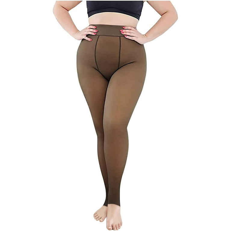 Plus Size Fleece Lined Tights for Women Sheer Warm Thermal Fake Translucent  Pantyhose High Waist Stretchy Leggings 