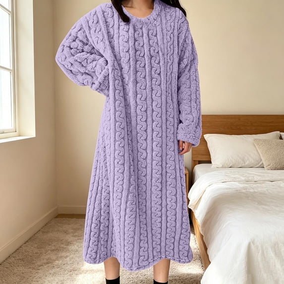 Plus Size Fleece Robe For Women, Long Warm Bathrobe & Nightgown, Extended Winter Loungewear For Lounging At Home Purple M