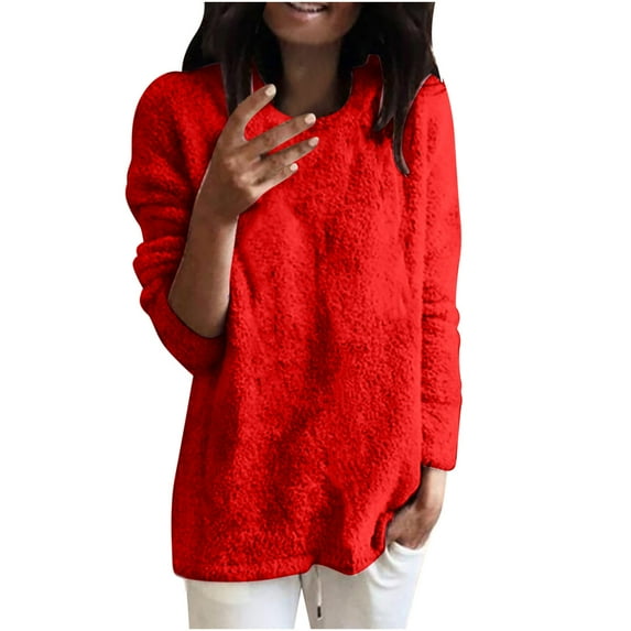 Plus Size Fleece Tops for Women Winter Cozy Warm Crew Neck Solid Color Sweatshirts Casual Loose Pullover Long Sleeve(Red,S)