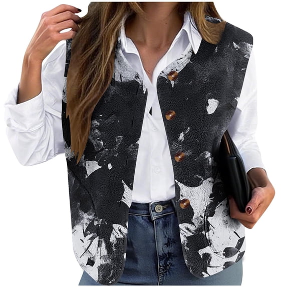 Plus Size Fleece Vest for Women Crewneck Fuzzy Button Front Sleeveless Jackets Fall Loose Fit Trendy Casual Tops Gray 2XL