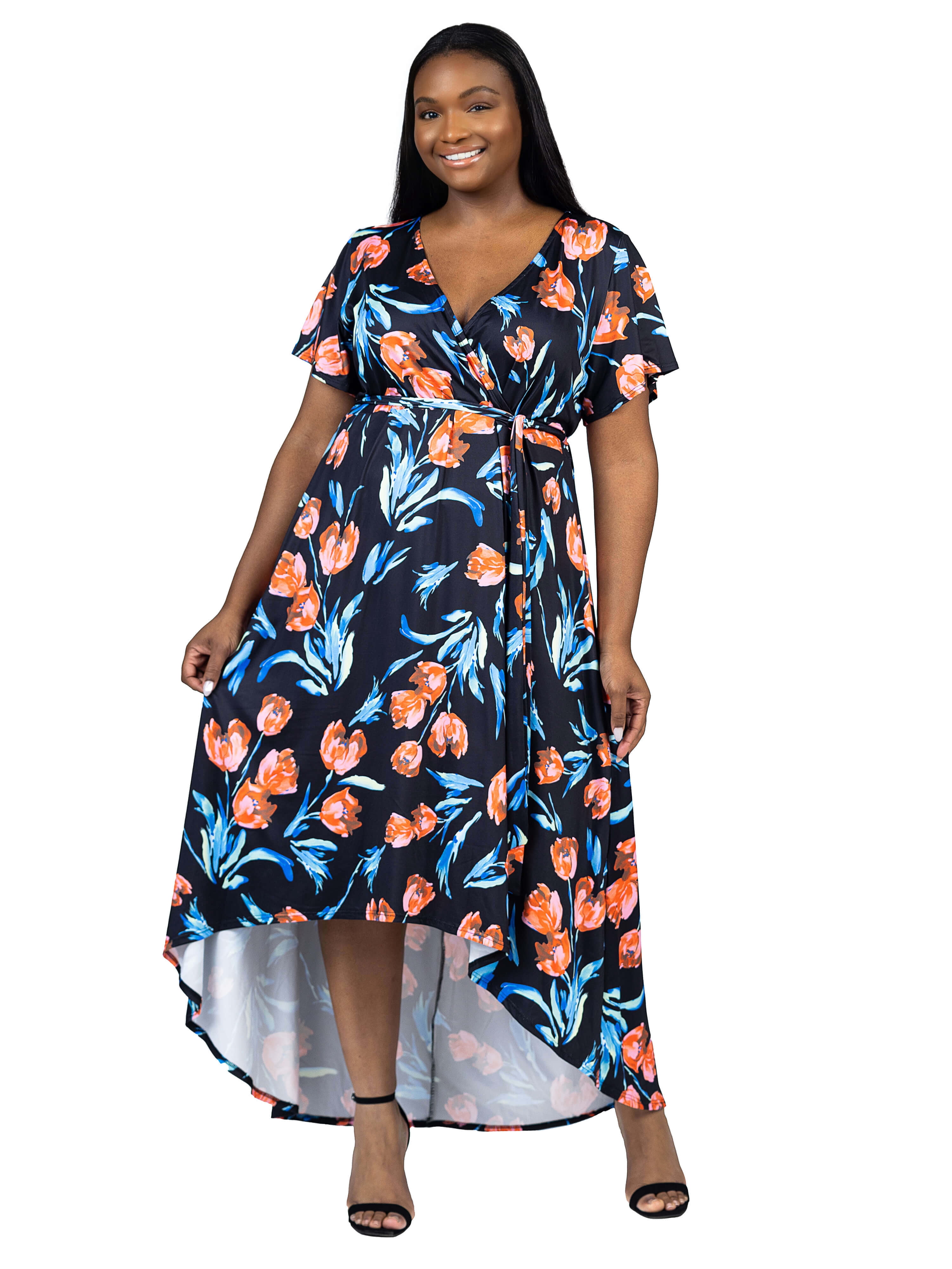 Plus Size Floral Belted Faux Wrap Hi Low Dress — free download