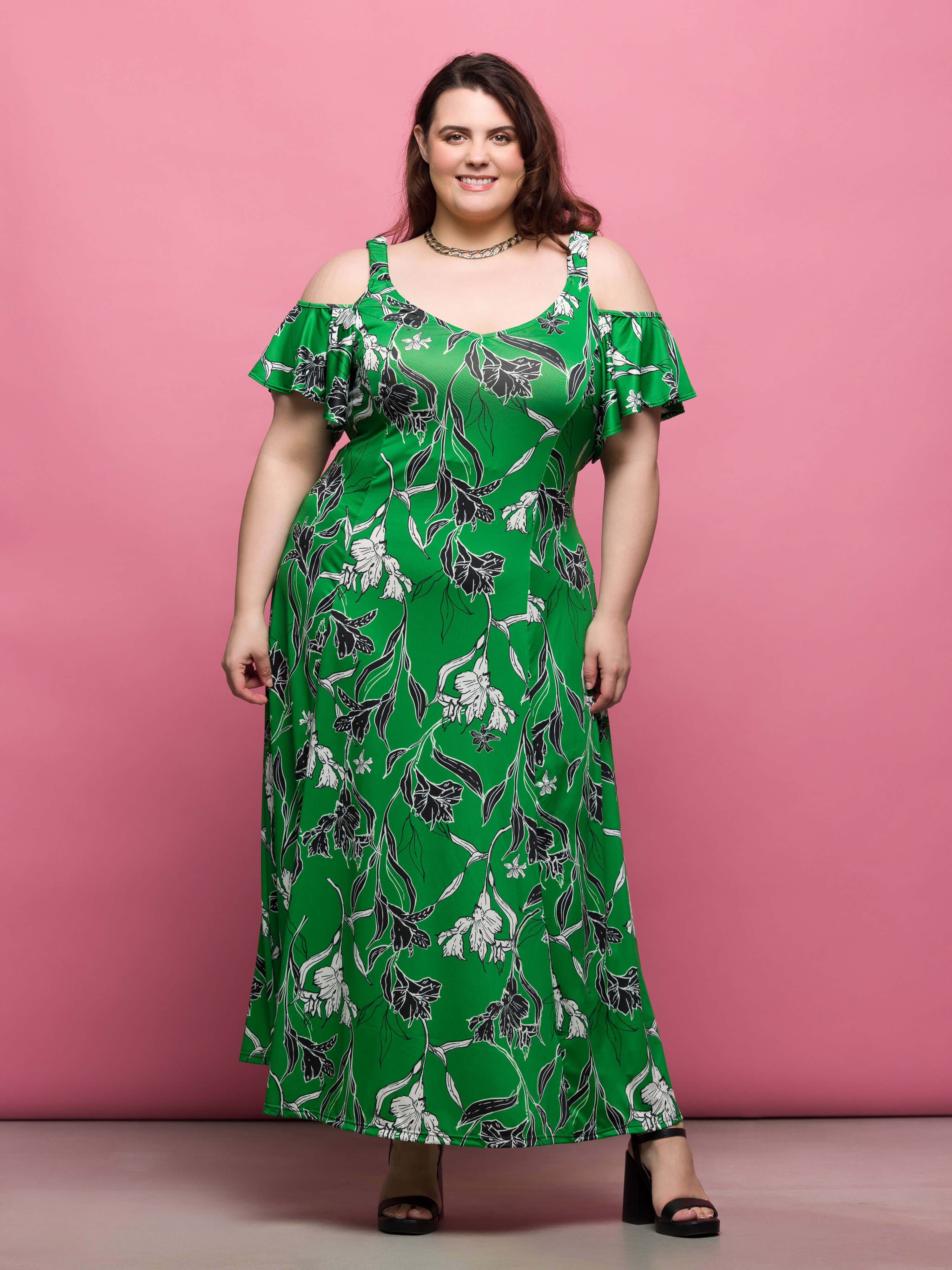 green floral cold shoulder dress Plus Size Floral Cold Shoulder Ruffle Maxi Dress