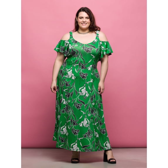 Plus Size Floral Cold Shoulder Ruffle Maxi Dress