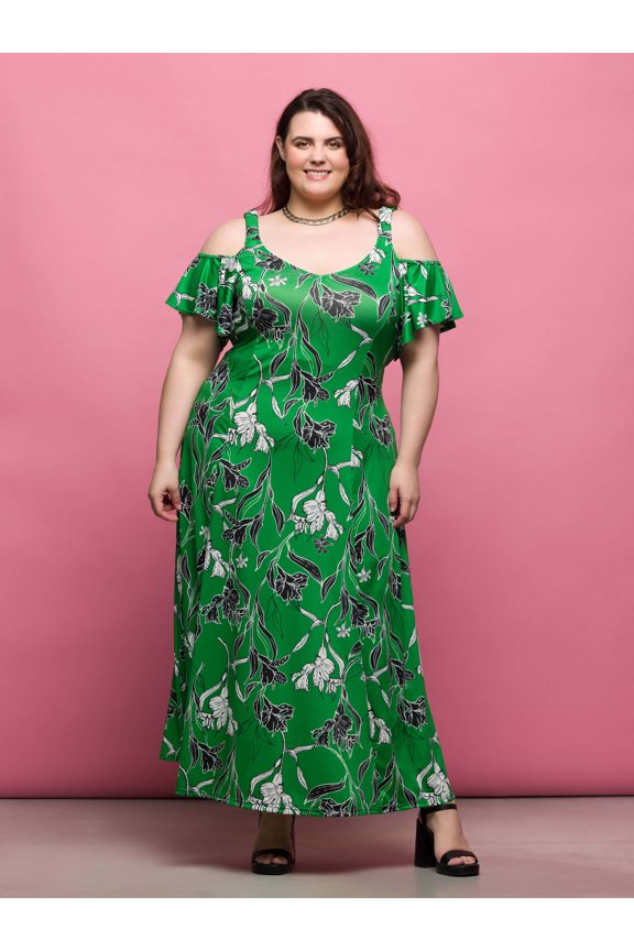 Plus Size Floral Cold Shoulder Ruffle Maxi Dress